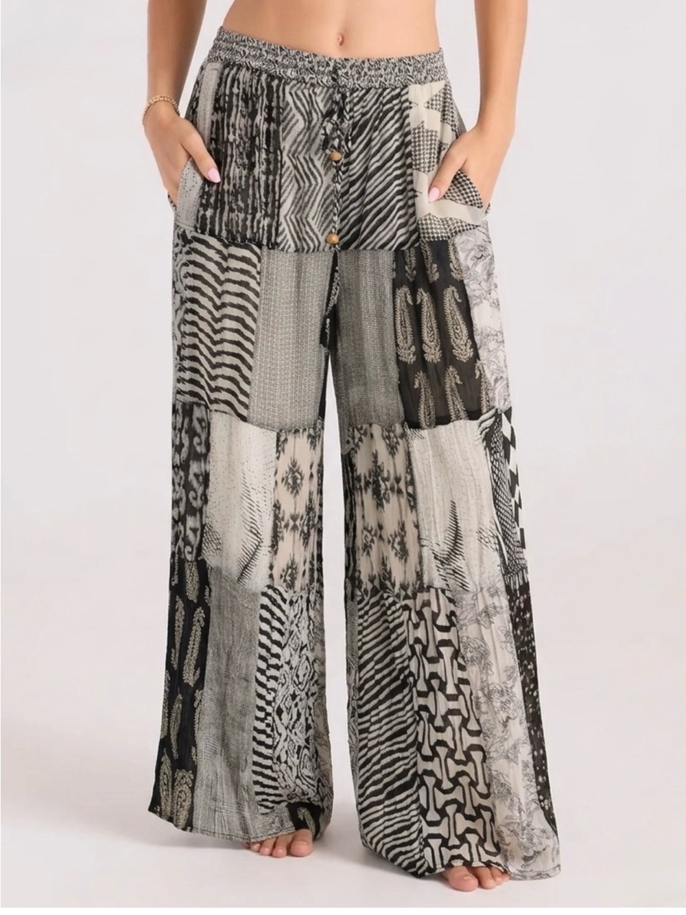 NWT: Young Threads Boho Black White Mixed Patchwork Wide Leg Pants